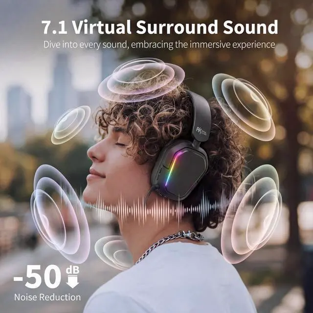 Alt view image 3 of 7 - HG101 Wireless Gaming Headset, 7.1 Surround Sound, Stereo Wired Headphones with Retractable Mic, Bluetooth 5.3, RGB, Memory Foam Ear Pads, Works with PC, PS4, PS5, Switch, Black