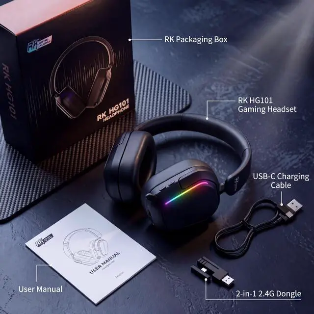Alt view image 7 of 7 - HG101 Wireless Gaming Headset, 7.1 Surround Sound, Stereo Wired Headphones with Retractable Mic, Bluetooth 5.3, RGB, Memory Foam Ear Pads, Works with PC, PS4, PS5, Switch, Black