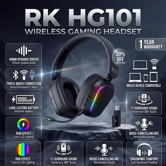 Alt view image 2 of 7 - HG101 Wireless Gaming Headset, 7.1 Surround Sound, Stereo Wired Headphones with Retractable Mic, Bluetooth 5.3, RGB, Memory Foam Ear Pads, Works with PC, PS4, PS5, Switch, Black