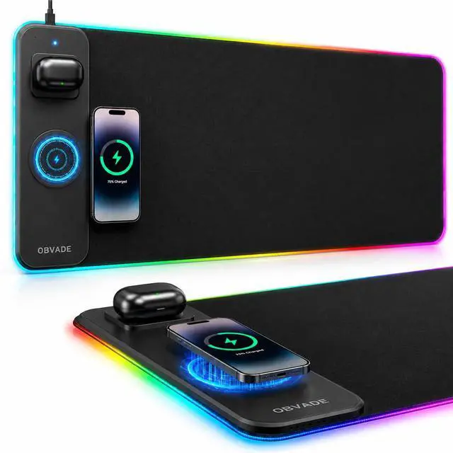 Main image of Gaming RGB Mouse Pad Wireless Charging XXL Desk Mat for Keyboard 15w Fast Charger 11 Led Light Modes Non-Slip Large Office Desk Pads on Top of Desks