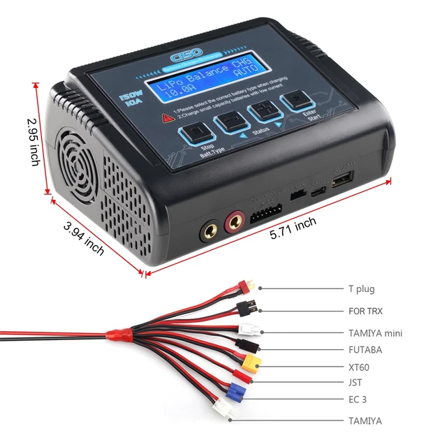 Alt view image 4 of 7 - Lipo Battery Charger, 1-6S Balance Charger Discharge 150W 10A AC/DC for Li-Po Li-Hv Ion Fe NiMH NiCd Pb Hobby Batteries With Deans/Tamiya/JST/EC3/Connectors Cable Power Supply