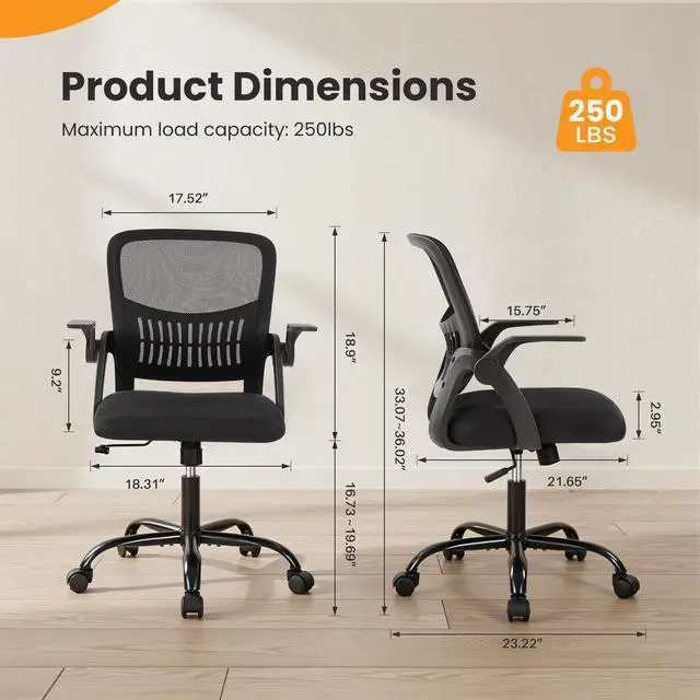 Alt view image 2 of 7 - Home Office Managerial Executive Chair, Flip Up Armrest Ergonomic Mesh Adjustable Swivel Mid-Back Computer Desk Chair with Comfortable Lumbar Support, Comfy Arms for Bedroom,Study