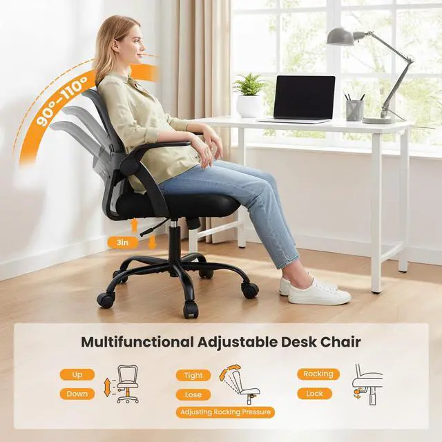 Alt view image 6 of 7 - Home Office Managerial Executive Chair, Flip Up Armrest Ergonomic Mesh Adjustable Swivel Mid-Back Computer Desk Chair with Comfortable Lumbar Support, Comfy Arms for Bedroom,Study