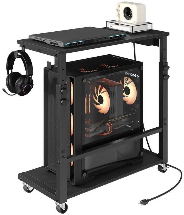 Main image of Computer Tower Stand with Power Outlet, Mobile PC Stand for Floor, Height Adjustable PC Holder Cart Under Desk, 26.6"-32.7" H, for Home Office, Gaming Room, Black PCHS216E01
