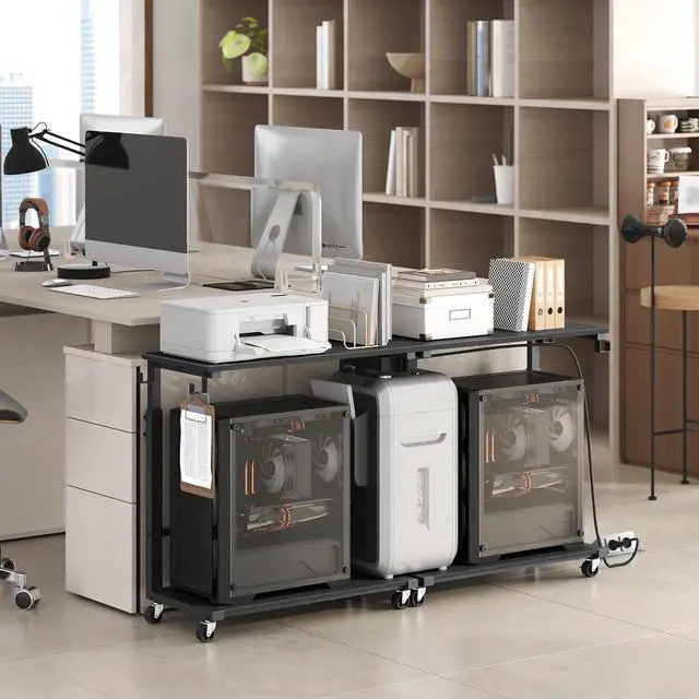 Alt view image 2 of 6 - Computer Tower Stand with Power Outlet, Mobile PC Stand for Floor, Height Adjustable PC Holder Cart Under Desk, 26.6"-32.7" H, for Home Office, Gaming Room, Black PCHS216E01