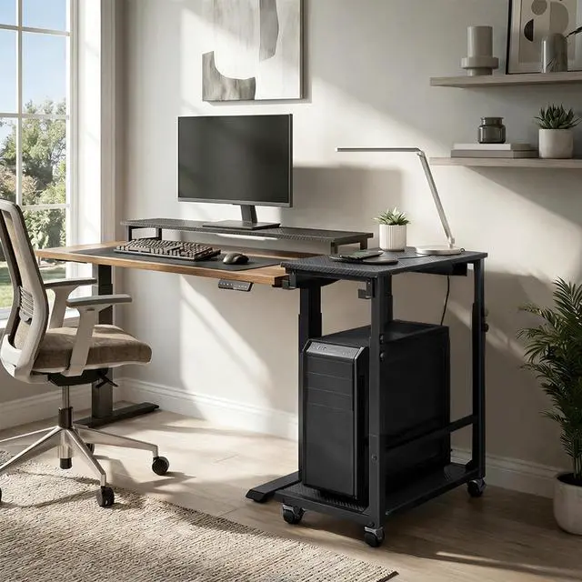 Alt view image 6 of 6 - Computer Tower Stand with Power Outlet, Mobile PC Stand for Floor, Height Adjustable PC Holder Cart Under Desk, 26.6"-32.7" H, for Home Office, Gaming Room, Black PCHS216E01