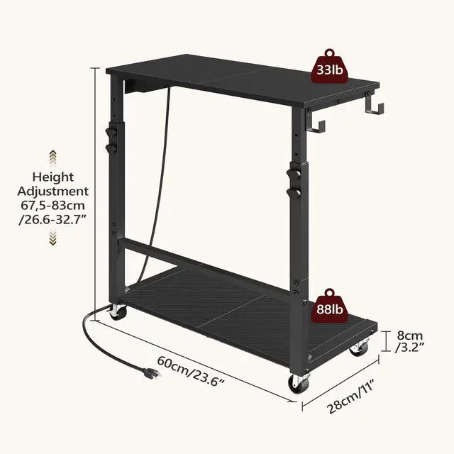 Alt view image 3 of 6 - Computer Tower Stand with Power Outlet, Mobile PC Stand for Floor, Height Adjustable PC Holder Cart Under Desk, 26.6"-32.7" H, for Home Office, Gaming Room, Black PCHS216E01