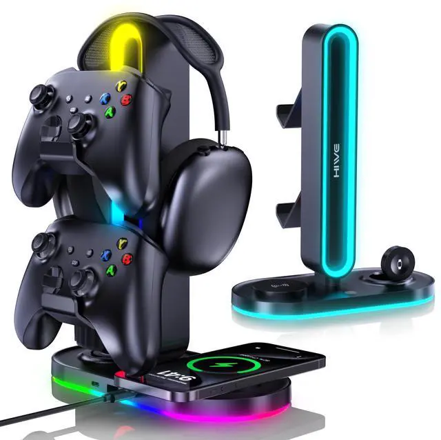 Main image of 4-in-1 RGB Gaming Headphone Stand with Dual Controller Holder, Wireless Charger for iPhone/Apple Watch, USB-A & USB-C Outputs, Adapter Included, Black