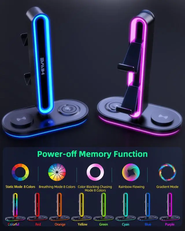 Alt view image 3 of 7 - 4-in-1 RGB Gaming Headphone Stand with Dual Controller Holder, Wireless Charger for iPhone/Apple Watch, USB-A & USB-C Outputs, Adapter Included, Black