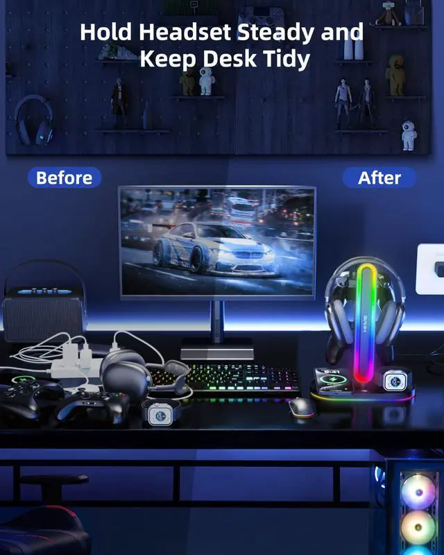 Alt view image 2 of 7 - 4-in-1 RGB Gaming Headphone Stand with Dual Controller Holder, Wireless Charger for iPhone/Apple Watch, USB-A & USB-C Outputs, Adapter Included, Black