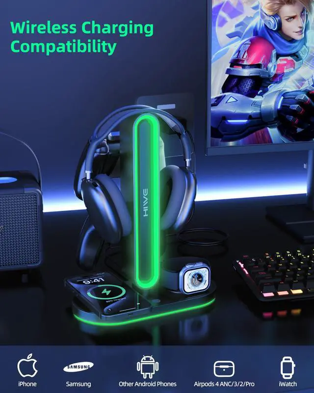 Alt view image 5 of 7 - 4-in-1 RGB Gaming Headphone Stand with Dual Controller Holder, Wireless Charger for iPhone/Apple Watch, USB-A & USB-C Outputs, Adapter Included, Black