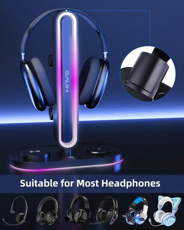 Alt view image 4 of 7 - 4-in-1 RGB Gaming Headphone Stand with Dual Controller Holder, Wireless Charger for iPhone/Apple Watch, USB-A & USB-C Outputs, Adapter Included, Black