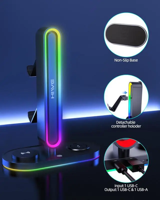 Alt view image 6 of 7 - 4-in-1 RGB Gaming Headphone Stand with Dual Controller Holder, Wireless Charger for iPhone/Apple Watch, USB-A & USB-C Outputs, Adapter Included, Black