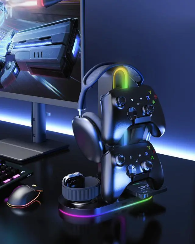 Alt view image 7 of 7 - 4-in-1 RGB Gaming Headphone Stand with Dual Controller Holder, Wireless Charger for iPhone/Apple Watch, USB-A & USB-C Outputs, Adapter Included, Black