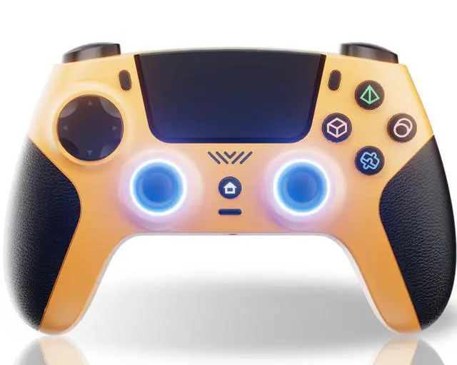 Alt view image 6 of 6 - Yellow Wireless Controller Compatible for PS5/Pro/Slim/PC, Gradient Color RGB mode & haptic feedback & 1000 mAH battery & 3.5mm Audio Jack & Speaker