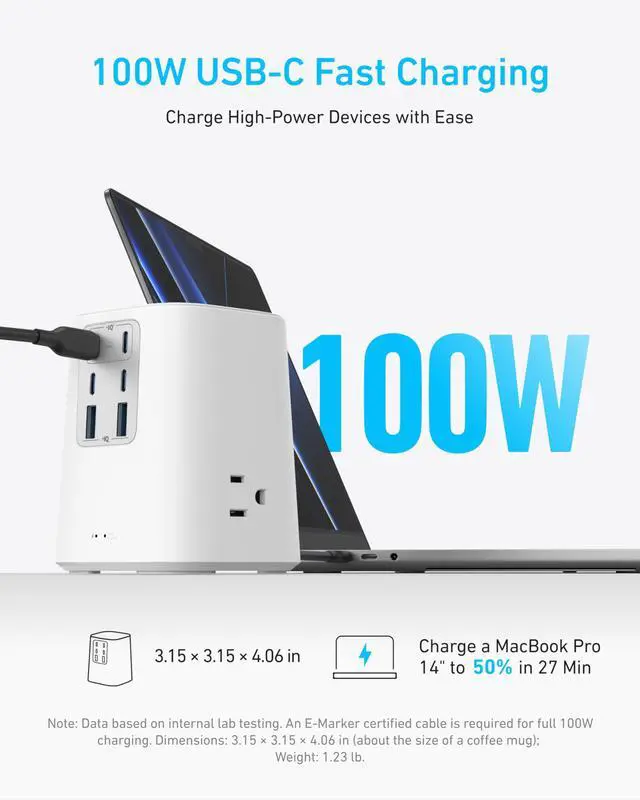 Alt view image 3 of 6 - Desktop Charger, 9-in-1 Power Strip with 300J Surge Protector, 5ft Flat Plug Extension Cord with Multiple Devices, 100W USB C Charger with 3 AC, 2 USB A, 4 USB C, Home Office, Desk Accessories