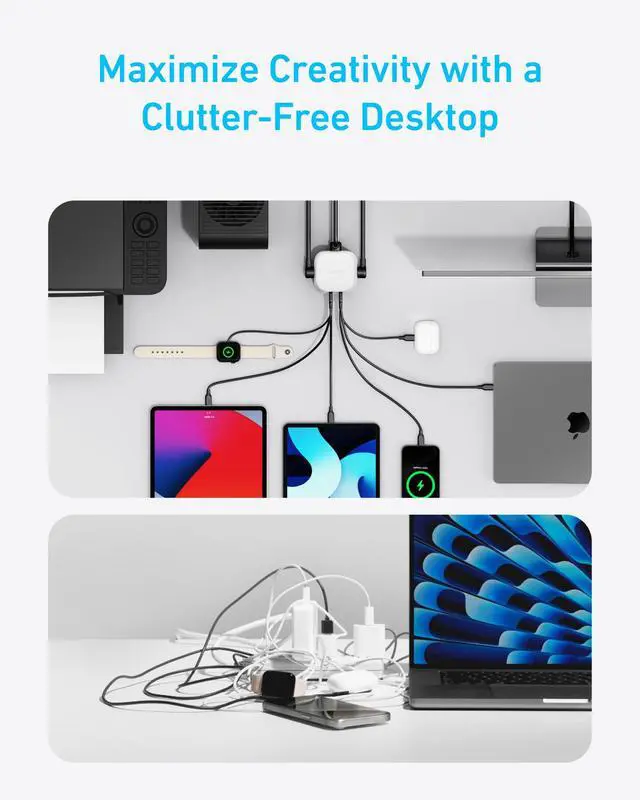 Alt view image 6 of 6 - Desktop Charger, 9-in-1 Power Strip with 300J Surge Protector, 5ft Flat Plug Extension Cord with Multiple Devices, 100W USB C Charger with 3 AC, 2 USB A, 4 USB C, Home Office, Desk Accessories