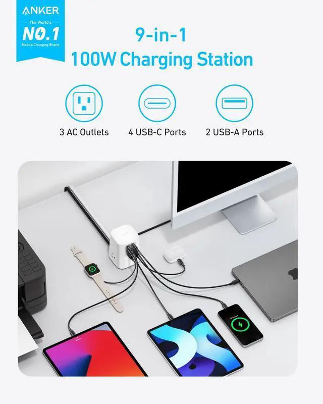 Alt view image 2 of 6 - Desktop Charger, 9-in-1 Power Strip with 300J Surge Protector, 5ft Flat Plug Extension Cord with Multiple Devices, 100W USB C Charger with 3 AC, 2 USB A, 4 USB C, Home Office, Desk Accessories