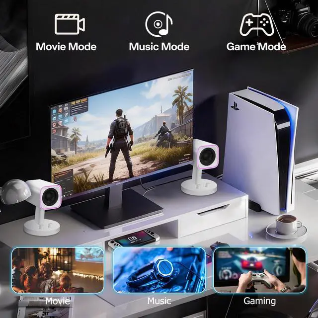 Alt view image 3 of 7 - SW202 24W Compact Computer Speakers, DSP 3 Modes 16bit USB DAC Bluetooth 5.2, 2.0 PC Multimedia RGB Gaming Speakers for Desktop Monitor Laptop, (Game/Movie/Music, White)