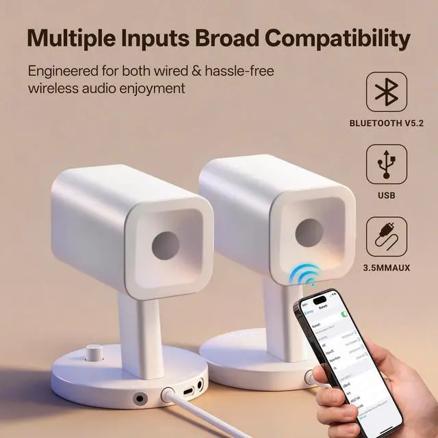 Alt view image 7 of 7 - SW202 24W Compact Computer Speakers, DSP 3 Modes 16bit USB DAC Bluetooth 5.2, 2.0 PC Multimedia RGB Gaming Speakers for Desktop Monitor Laptop, (Game/Movie/Music, White)
