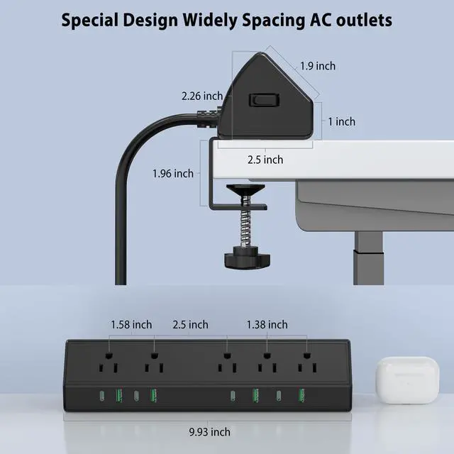 Alt view image 7 of 7 - Desk Clamp Power Strip,45W Fast Charging Station,4 USB-C,4 USB-A,Desk Mount Surge Protector,1875W Extension Cord with Multiple Outlets,ETL Listed,for Home Office Dorm Room