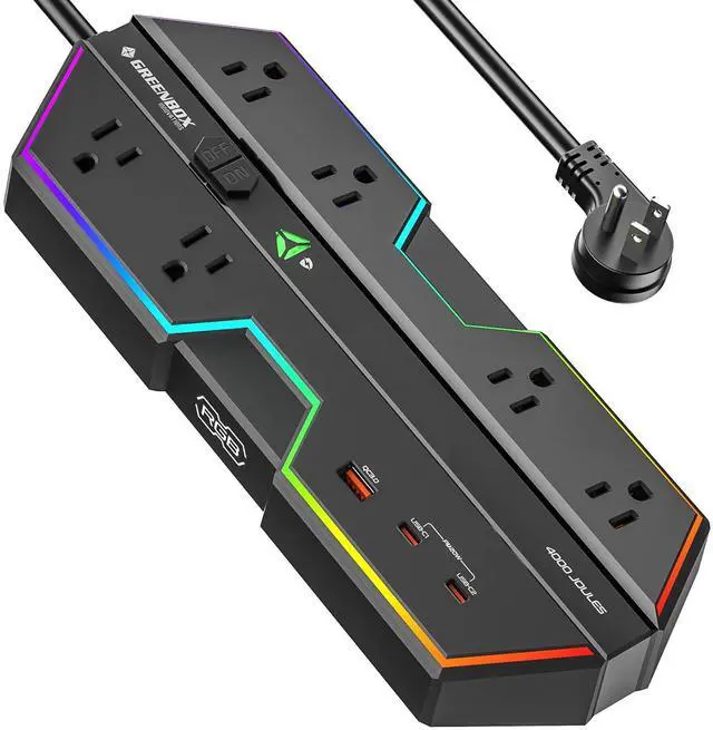 Main image of 4000J Surge Protector Power Strip with USB Ports, 6 Outlet Power Strip with RGB Lights and PD 20W Fast Charging, Wide-Spaced Outlet Perfect for e-Sports, Game PC, Home and Offices