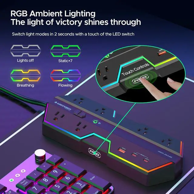 Alt view image 2 of 6 - 4000J Surge Protector Power Strip with USB Ports, 6 Outlet Power Strip with RGB Lights and PD 20W Fast Charging, Wide-Spaced Outlet Perfect for e-Sports, Game PC, Home and Offices