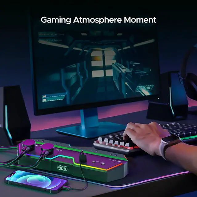 Alt view image 5 of 6 - 4000J Surge Protector Power Strip with USB Ports, 6 Outlet Power Strip with RGB Lights and PD 20W Fast Charging, Wide-Spaced Outlet Perfect for e-Sports, Game PC, Home and Offices