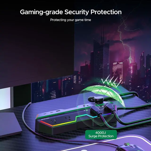 Alt view image 4 of 6 - 4000J Surge Protector Power Strip with USB Ports, 6 Outlet Power Strip with RGB Lights and PD 20W Fast Charging, Wide-Spaced Outlet Perfect for e-Sports, Game PC, Home and Offices