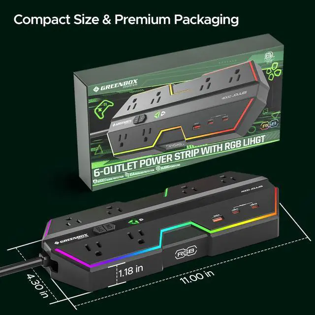 Alt view image 6 of 6 - 4000J Surge Protector Power Strip with USB Ports, 6 Outlet Power Strip with RGB Lights and PD 20W Fast Charging, Wide-Spaced Outlet Perfect for e-Sports, Game PC, Home and Offices