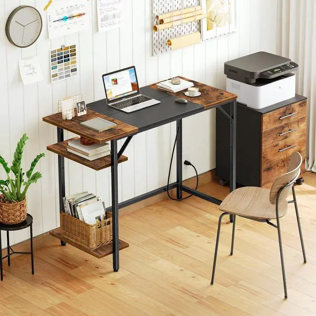 Alt view image 2 of 7 - Computer Desk, Home Office Desk with Power Outlet, Writing Desk with 2 Shelves, Modern Small Desk for Home Office, Study, Easy to Assemble, Rustic Brown and Black BF43UDN01