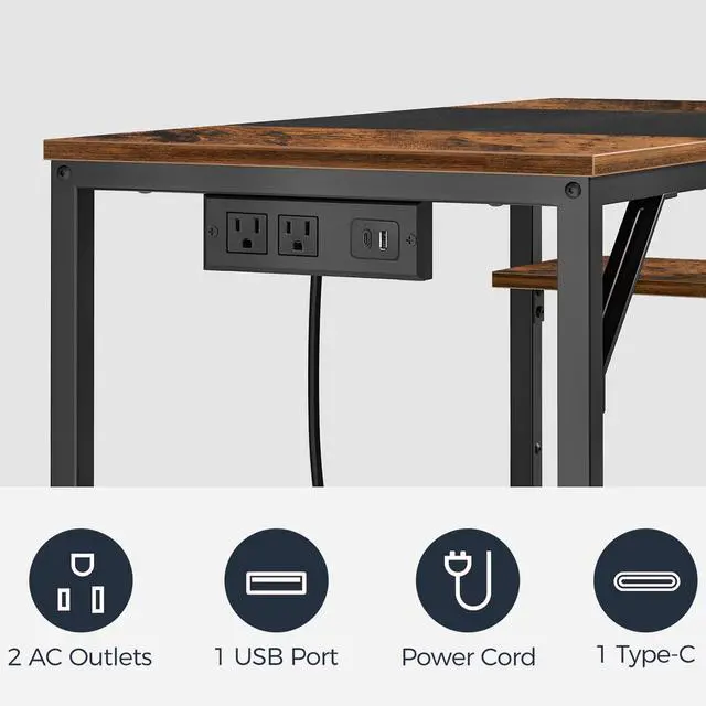 Alt view image 4 of 7 - Computer Desk, Home Office Desk with Power Outlet, Writing Desk with 2 Shelves, Modern Small Desk for Home Office, Study, Easy to Assemble, Rustic Brown and Black BF43UDN01