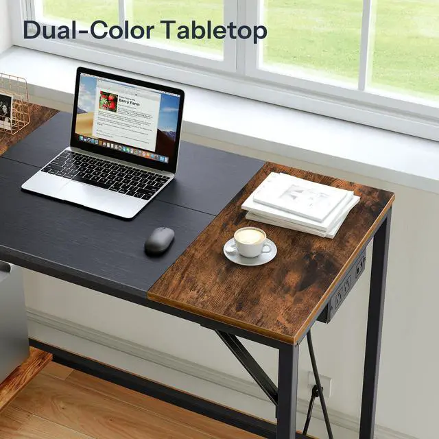 Alt view image 7 of 7 - Computer Desk, Home Office Desk with Power Outlet, Writing Desk with 2 Shelves, Modern Small Desk for Home Office, Study, Easy to Assemble, Rustic Brown and Black BF43UDN01