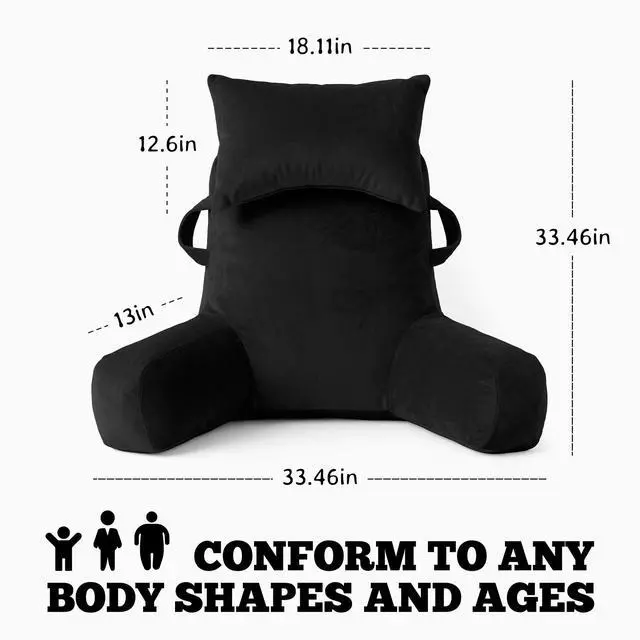 Alt view image 2 of 7 - Portable Reading Pillows with Headrest for Bed Sitting Up(Black Oeko-Tex), Velvet Back Pillow with Arms & Pockets for Adults, Support Memory Foam Bed Pillow for Dorm/Reading/Watching/Gaming