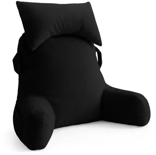 Main image of Portable Reading Pillows with Headrest for Bed Sitting Up(Black Oeko-Tex), Velvet Back Pillow with Arms & Pockets for Adults, Support Memory Foam Bed Pillow for Dorm/Reading/Watching/Gaming