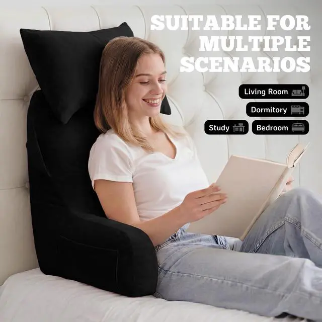 Alt view image 3 of 7 - Portable Reading Pillows with Headrest for Bed Sitting Up(Black Oeko-Tex), Velvet Back Pillow with Arms & Pockets for Adults, Support Memory Foam Bed Pillow for Dorm/Reading/Watching/Gaming
