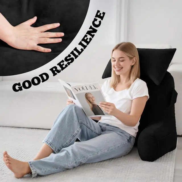 Alt view image 4 of 7 - Portable Reading Pillows with Headrest for Bed Sitting Up(Black Oeko-Tex), Velvet Back Pillow with Arms & Pockets for Adults, Support Memory Foam Bed Pillow for Dorm/Reading/Watching/Gaming