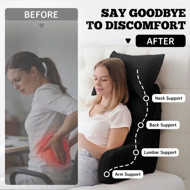 Alt view image 7 of 7 - Portable Reading Pillows with Headrest for Bed Sitting Up(Black Oeko-Tex), Velvet Back Pillow with Arms & Pockets for Adults, Support Memory Foam Bed Pillow for Dorm/Reading/Watching/Gaming