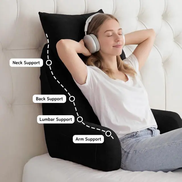 Alt view image 5 of 7 - Portable Reading Pillows with Headrest for Bed Sitting Up(Black Oeko-Tex), Velvet Back Pillow with Arms & Pockets for Adults, Support Memory Foam Bed Pillow for Dorm/Reading/Watching/Gaming