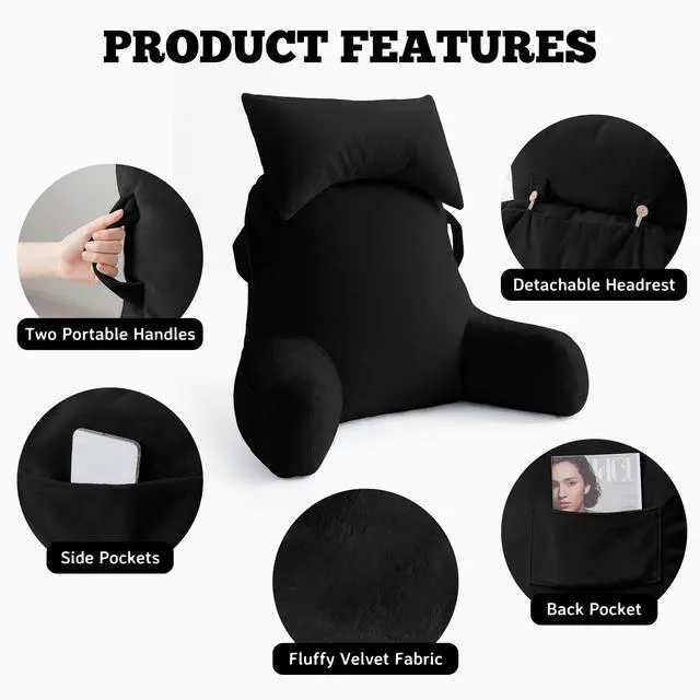 Alt view image 6 of 7 - Portable Reading Pillows with Headrest for Bed Sitting Up(Black Oeko-Tex), Velvet Back Pillow with Arms & Pockets for Adults, Support Memory Foam Bed Pillow for Dorm/Reading/Watching/Gaming