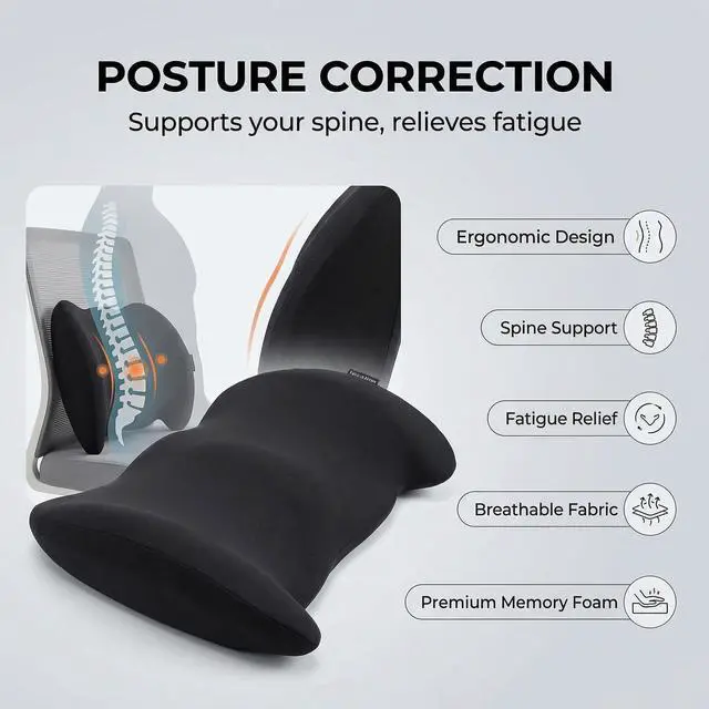 Alt view image 3 of 7 - Lumbar Support Pillow Memory Foam Back Cushion for Sciatica & Lower Back Pain Relief Orthopedic Posture Corrector for Office Chair Gaming Chair Car Seat Breathable Washable Dark Gray