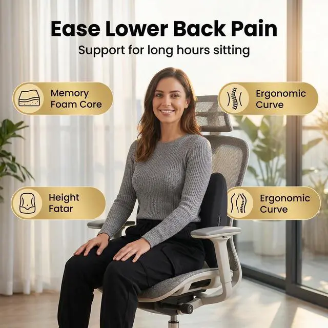 Alt view image 4 of 7 - Lumbar Support Pillow Memory Foam Back Cushion for Sciatica & Lower Back Pain Relief Orthopedic Posture Corrector for Office Chair Gaming Chair Car Seat Breathable Washable Dark Gray