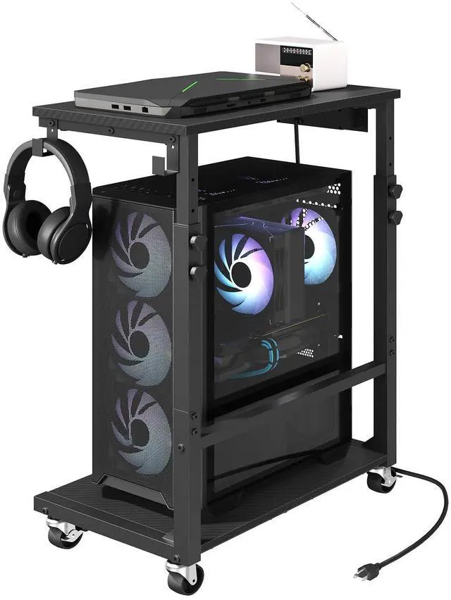 Main image of Computer Tower Stand with Power Outlet, Mobile PC Stand for Floor, Height Adjustable PC Holder Cart Under Desk, 26.6"-32.7" H, for Home Office, Gaming Room, Black PCHS215E01