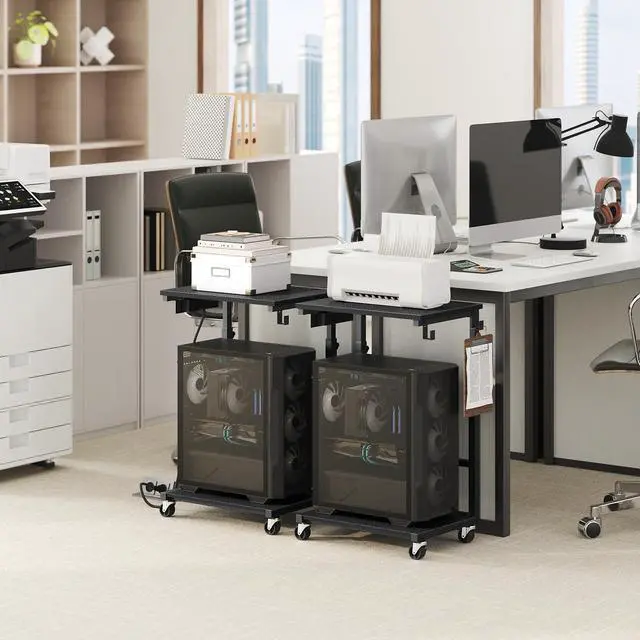 Alt view image 2 of 7 - Computer Tower Stand with Power Outlet, Mobile PC Stand for Floor, Height Adjustable PC Holder Cart Under Desk, 26.6"-32.7" H, for Home Office, Gaming Room, Black PCHS215E01