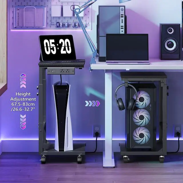 Alt view image 4 of 7 - Computer Tower Stand with Power Outlet, Mobile PC Stand for Floor, Height Adjustable PC Holder Cart Under Desk, 26.6"-32.7" H, for Home Office, Gaming Room, Black PCHS215E01