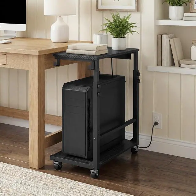 Alt view image 7 of 7 - Computer Tower Stand with Power Outlet, Mobile PC Stand for Floor, Height Adjustable PC Holder Cart Under Desk, 26.6"-32.7" H, for Home Office, Gaming Room, Black PCHS215E01