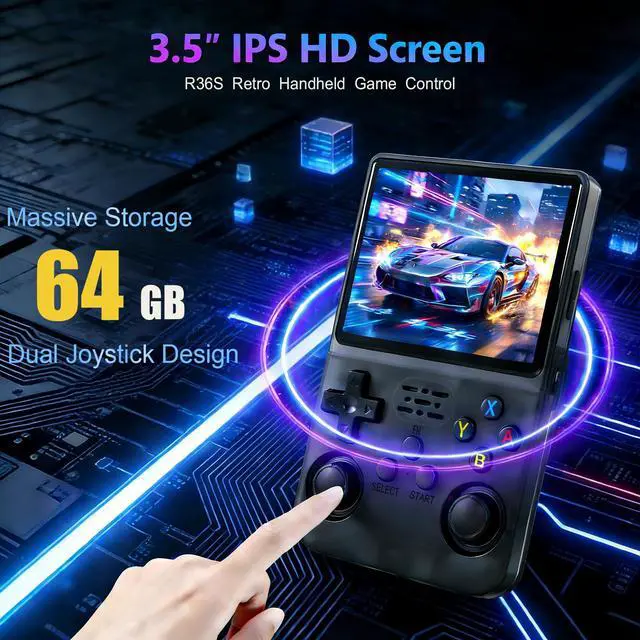 Alt view image 2 of 7 - R36s Retro Handheld Game Console, 640x480 Retro Gaming Console 3.5 Inch IPS HD Screen, 64GB Built-in 15,000+ Classic Game with Portable Hand Held Open Source Linux System, 3500mAh Battery