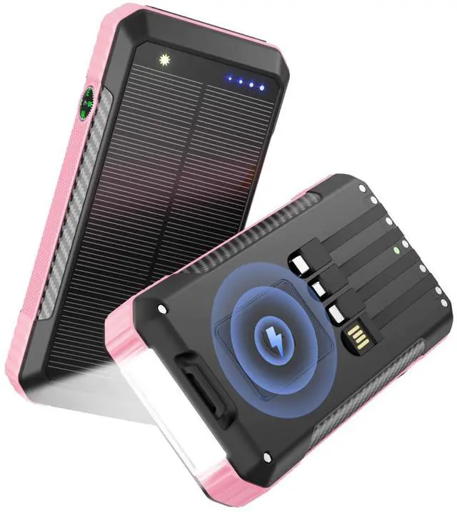 Main image of Solar Power Bank 33800mAh with Super Bright LED Flashlight, Built-in 4 Cables & Wireless Charging, Portable Charger with Compass, 7 Outputs & 4 Inputs for Camping/Hiking