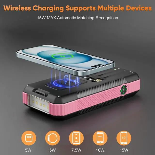 Alt view image 3 of 7 - Solar Power Bank 33800mAh with Super Bright LED Flashlight, Built-in 4 Cables & Wireless Charging, Portable Charger with Compass, 7 Outputs & 4 Inputs for Camping/Hiking