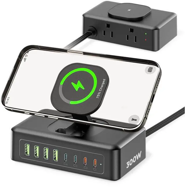 Main image of 300W USB Charging Station, 11-in-1 USB C Power Strip Surge Protector, 2AC Outlets & 8USB Ports, 5ft Flat Plug Extension Cord with Multiple Devices, Desktop Charger for Home Office Desk Accessories